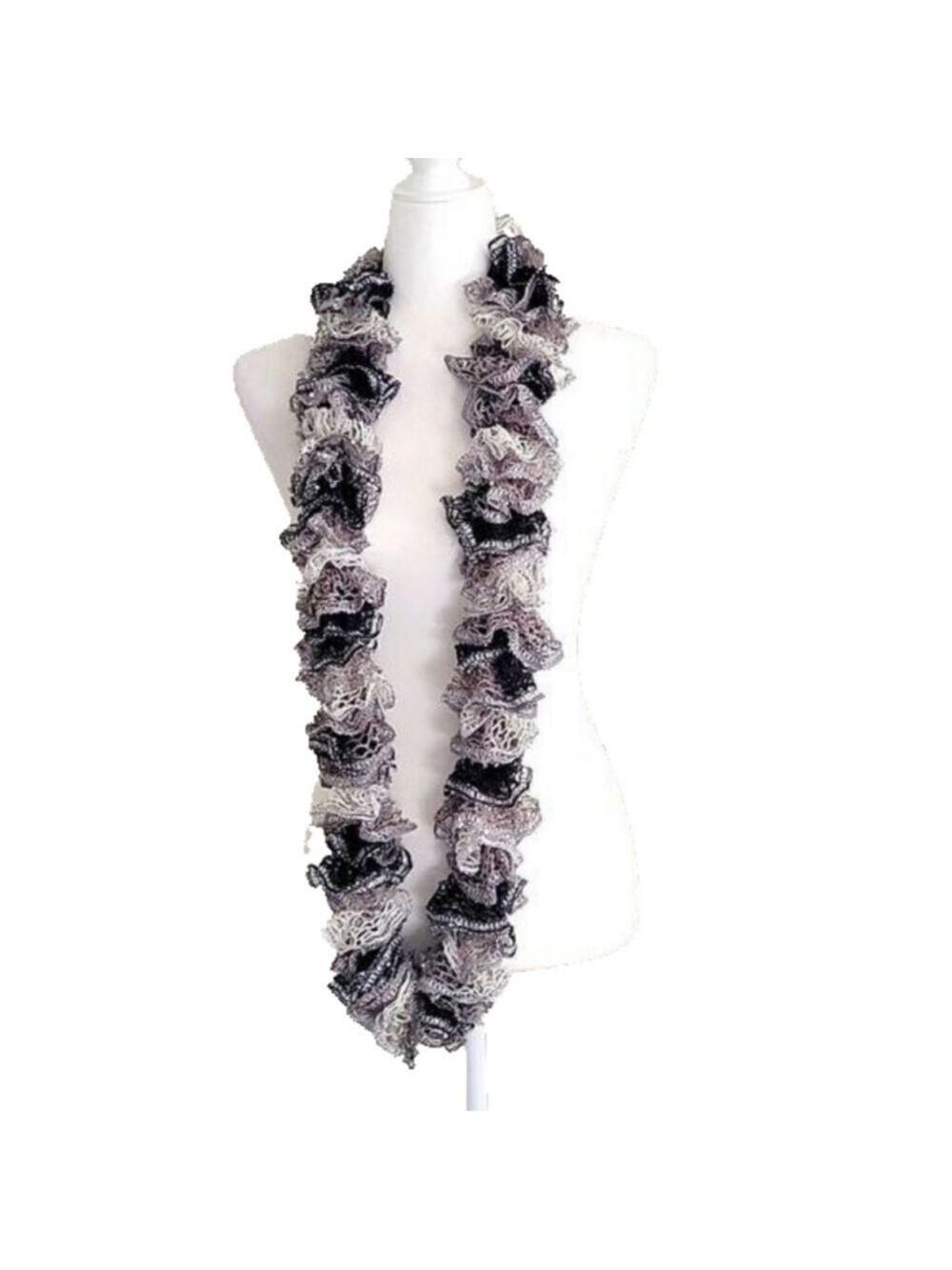 Handmade Infinity Scarf Black Gray Ruffle Soft - Picture 2 of 4